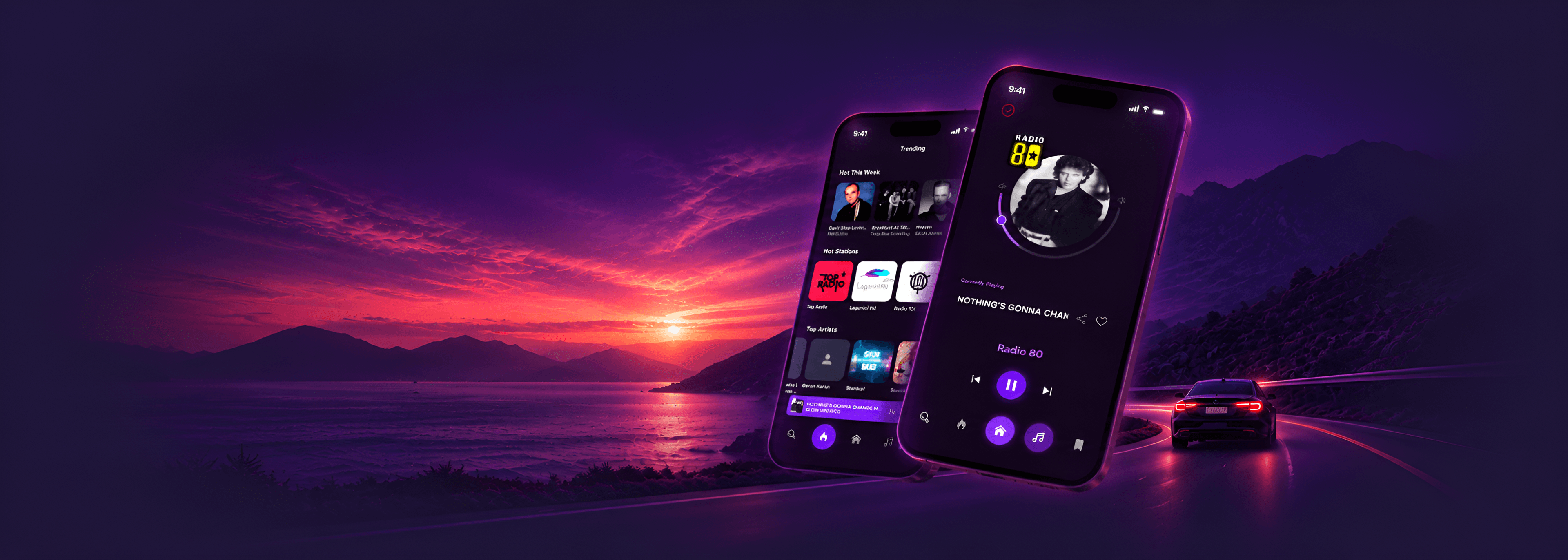 Radijo playing on a phone while driving a coastal road at dusk