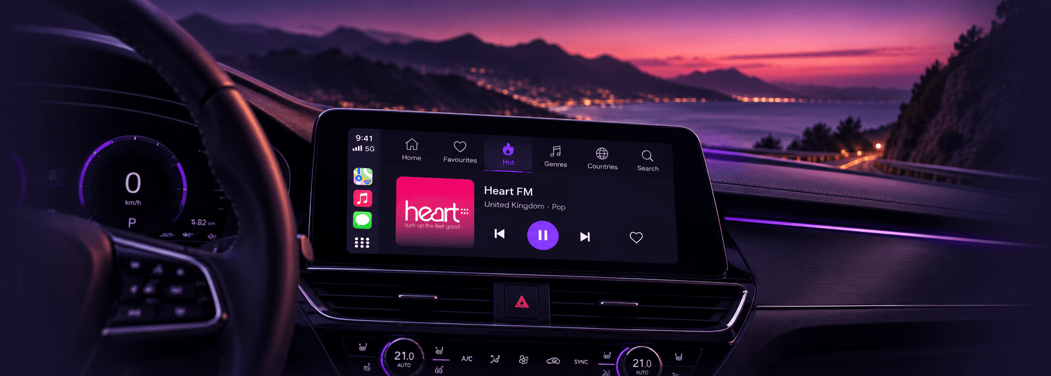 Radijo running on a car's CarPlay screen, Hot tab, playing Heart FM